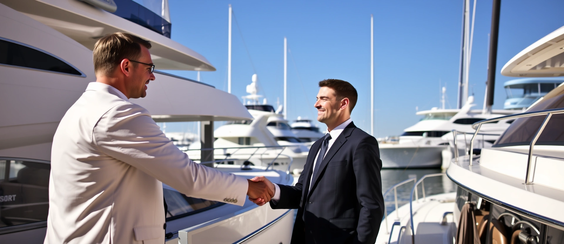 Professional yacht broker meeting with client at marina